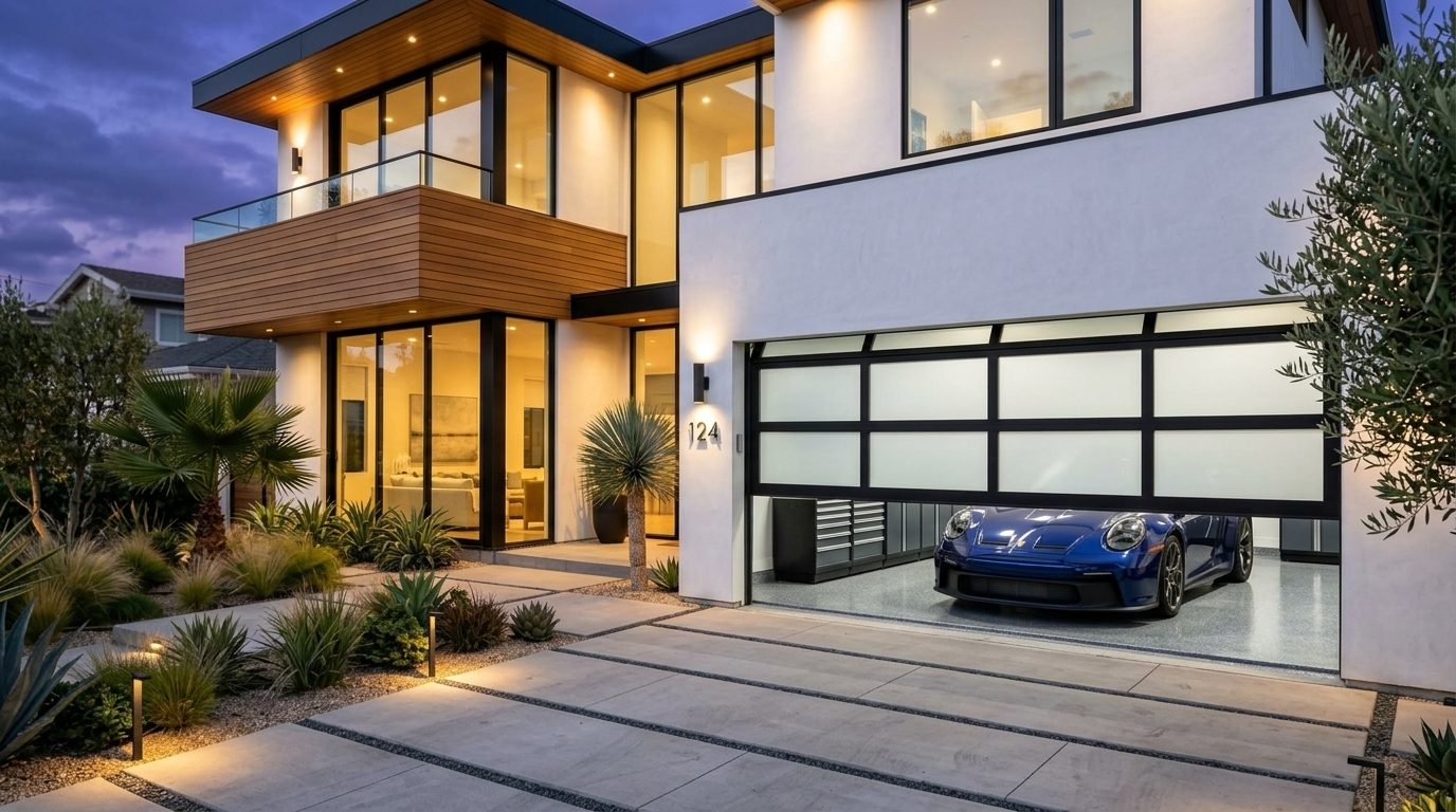 Jamil and Mason Garage Door Garage Door Gliding Open Revealing Warm Illuminated Interior