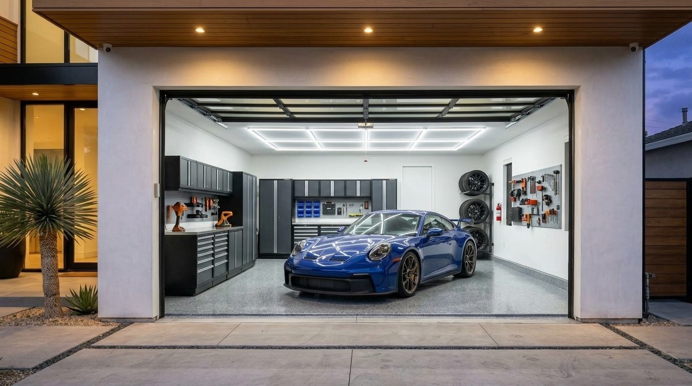 Jamil and Mason Garage Door Interior View of Custom Garage Door Overhead and Workshop